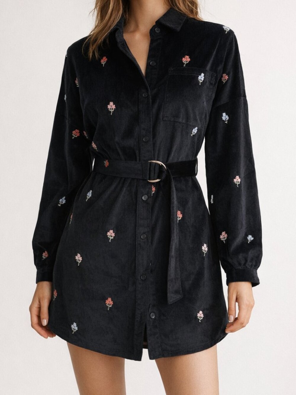 Cider Black Velvet Floral Embroidered Dress NWT XXS (Fits XS/S) Belted Mini